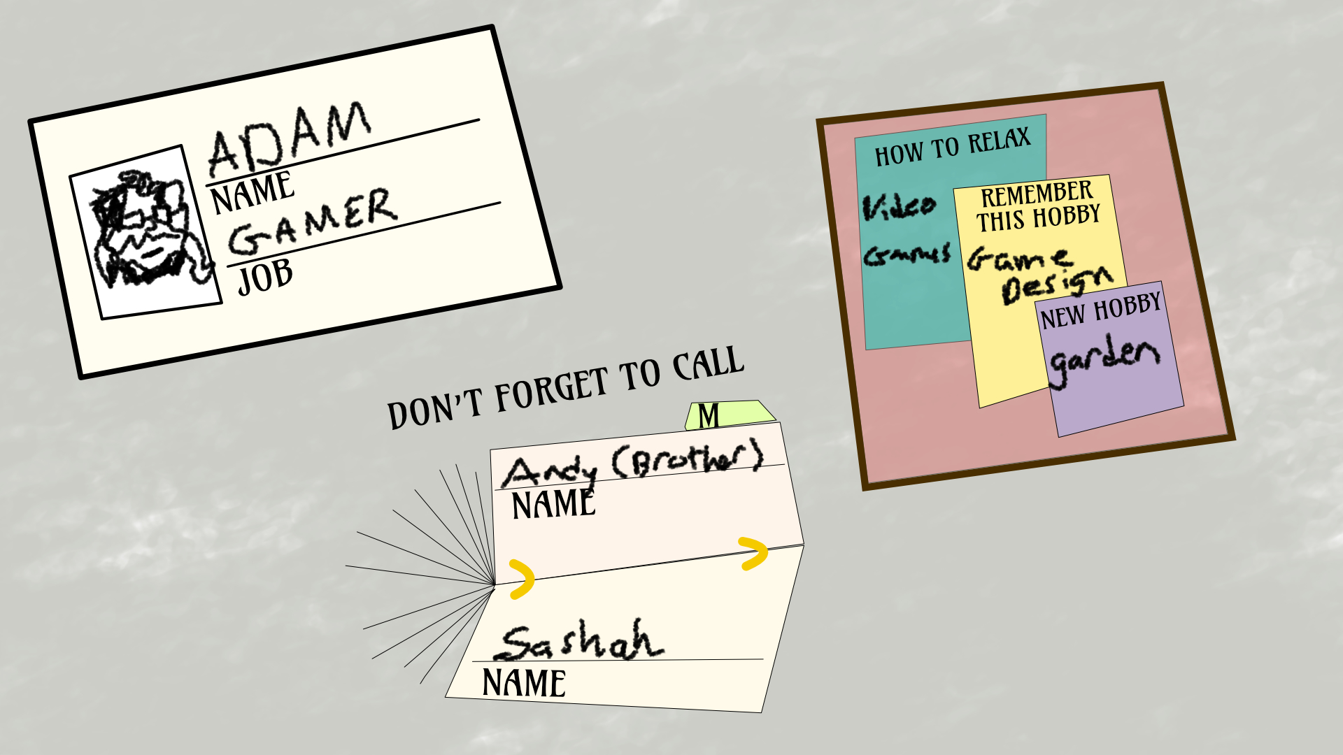 The ID card has a portrait, Name (Adam), Job (Gamer). The rolodex says DON'T FORGET TO CALL, and has two entries: Andy (Brother) and Sashah. The post it notes have HOW TO RELAX: Video Games, REMEMBER THIS HOBBY: Game Design, and NEW HOBBY: garden