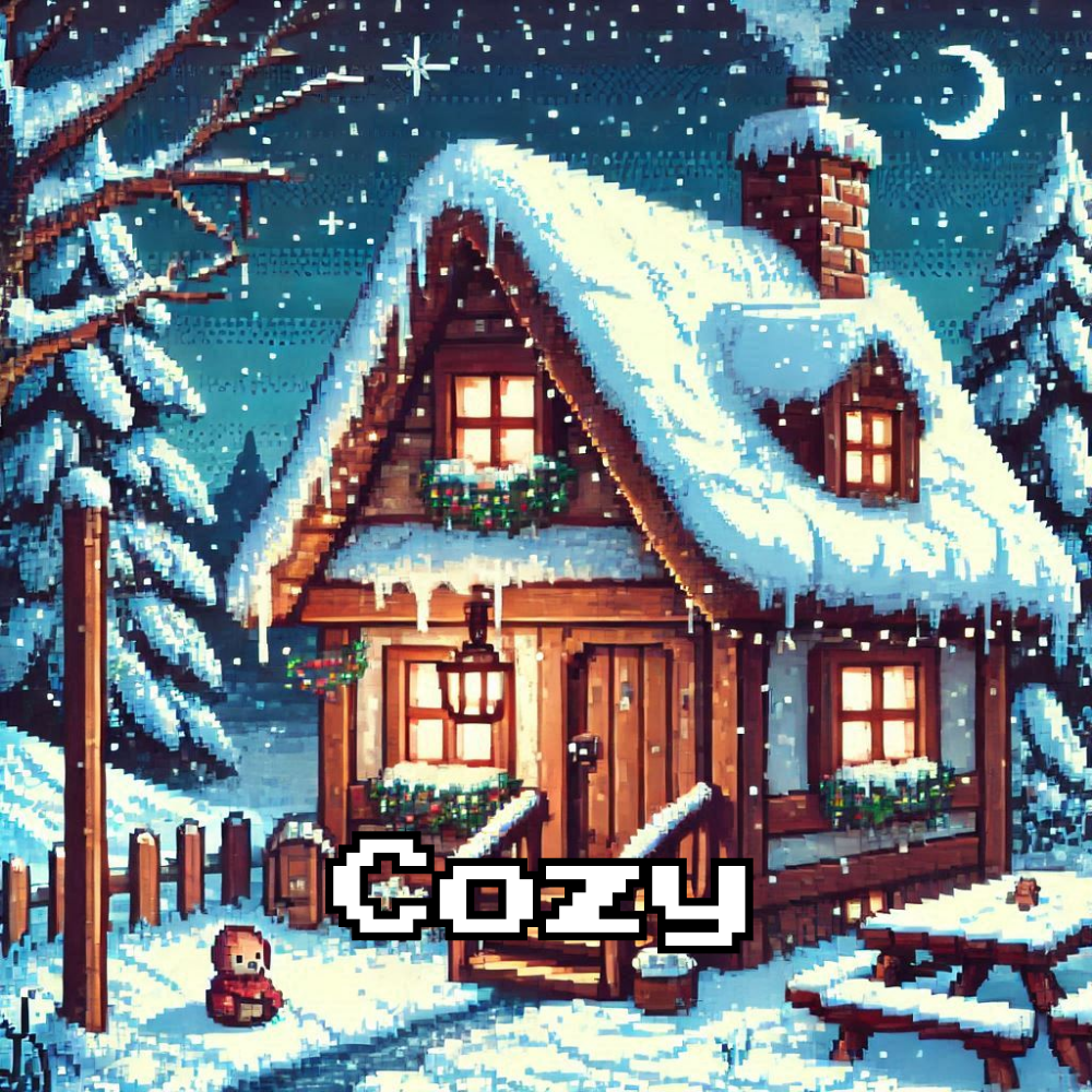 Pixel drawing of a cozy winter cottage