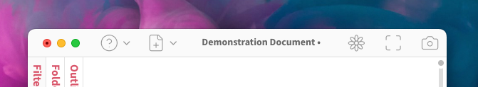 Mac application titlebar containing the default window ‘traffic lights’, as well as the window title, combined with Deepdwn’s menu buttons for creating new documents, opening help, etc.