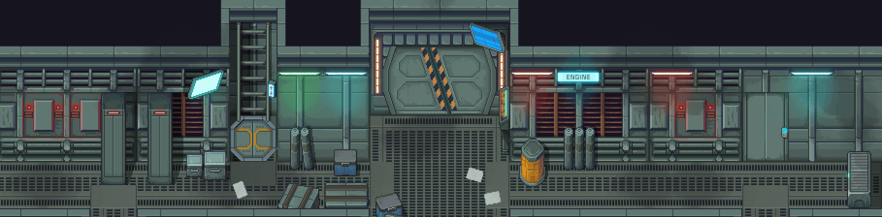 Pixel art spaceship interior with metal walls, crates, control panels, and a door labeled 'ENGINE'.