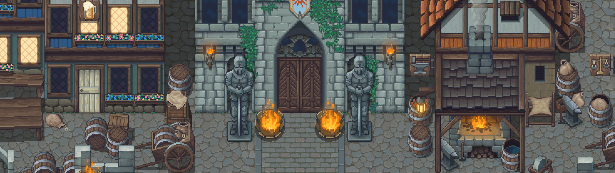 Pixel art medieval town scene with stone buildings, knight statues, barrels, torches, and a blacksmith forge.
