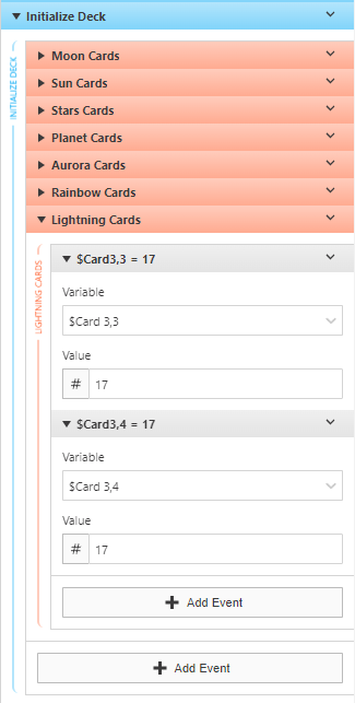 A screenshot of the GB Studio editor showing a group of operations that assign numerical IDs to the sequence of deck variables.