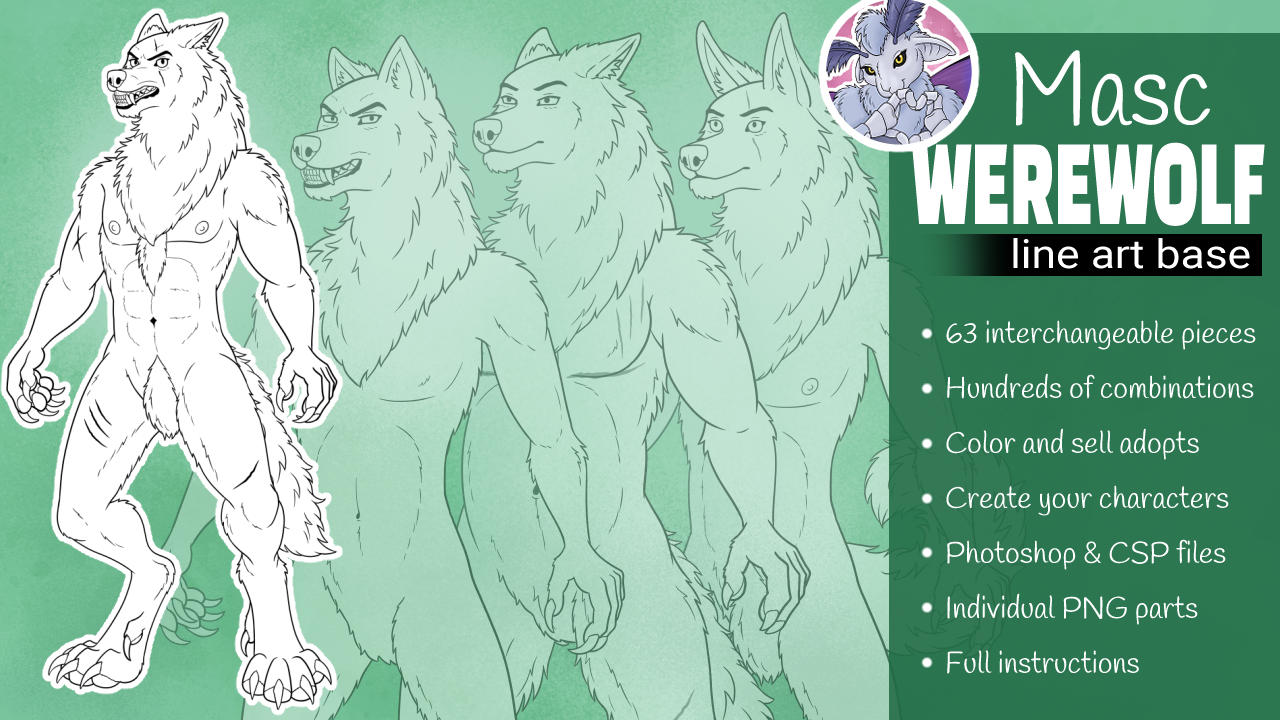 Masc Werewolf Base - Customizable Line Art