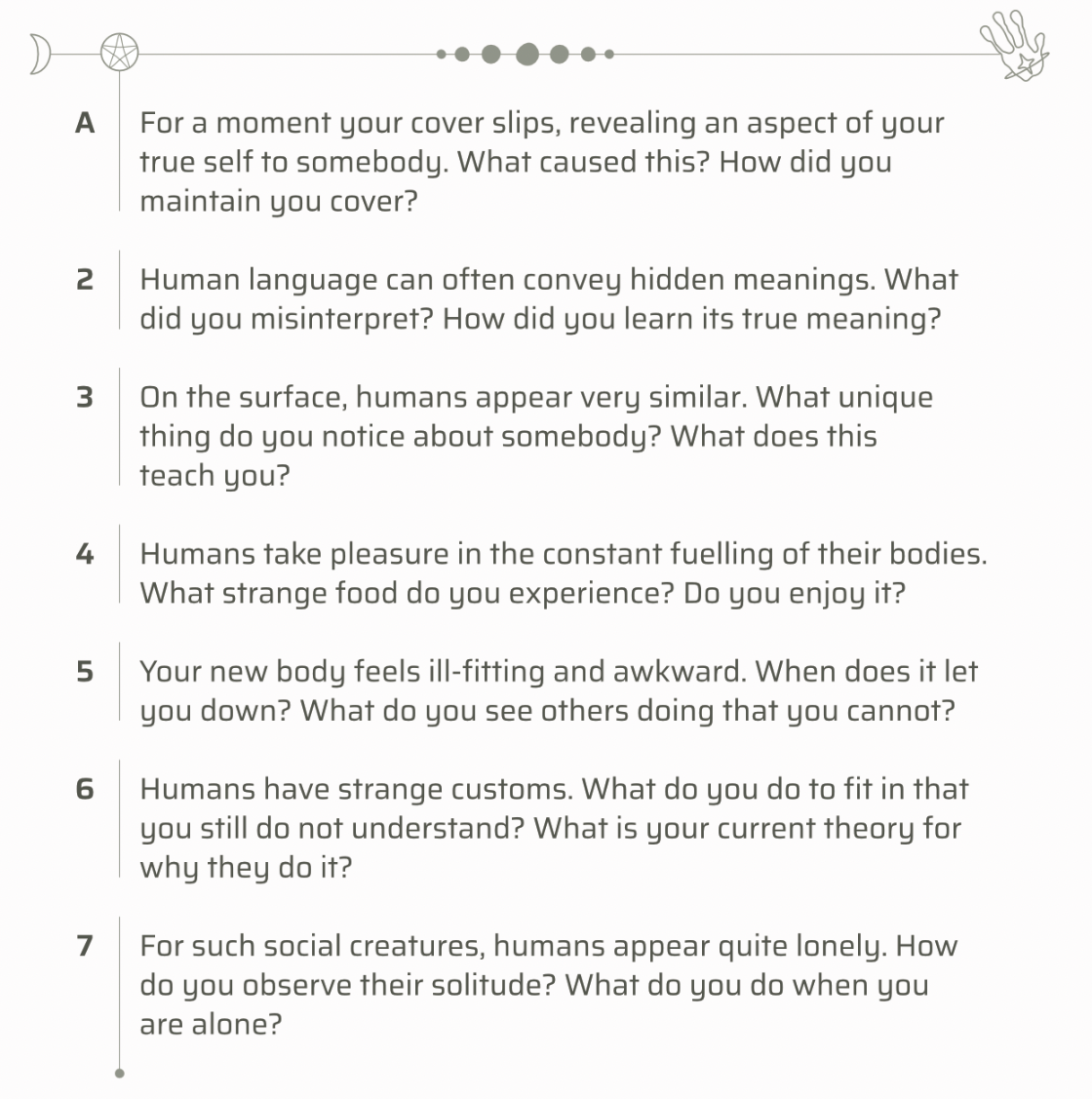 A table showing prompts based on cards drawn from the minor arcana.