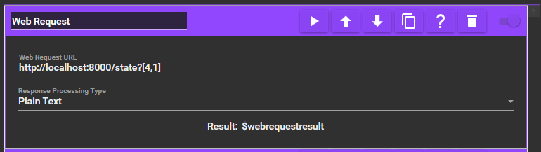 A screenshot of the "Web Request" action in MixItUp, with the url set to: http://localhost:8000/state?[4,1]