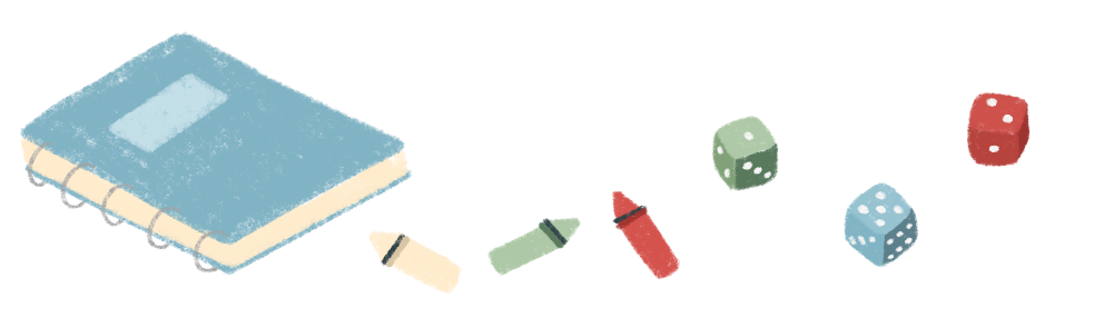 An illustration of a notebook, crayons and dice