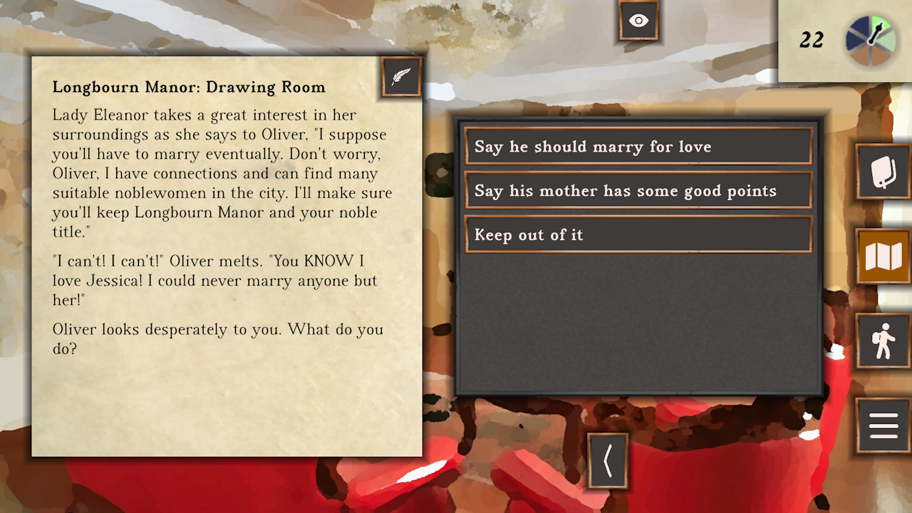 Screenshot of the noble and lover arguing. The noble says that they will find a suitable wife for the lover, and the lover says that he will only marry Jessica. Options are Say he should marry for love, Say his mother has some good points, or Stay out of it.