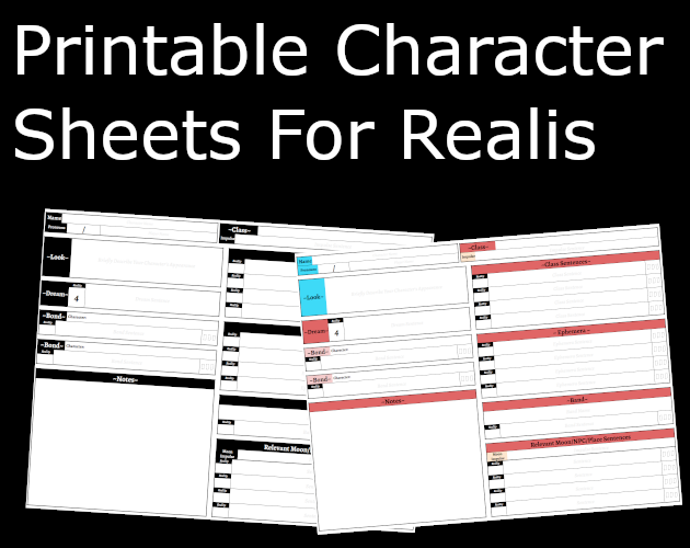 Cover image for Printable Character Sheets for Realis