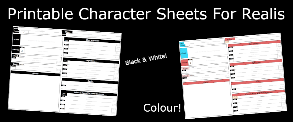 Printable Character Sheets for Realis