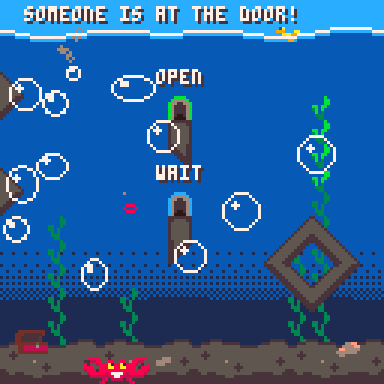 a pixelated crab shoot bubbles at a cursor to choose between getting out of bed or not