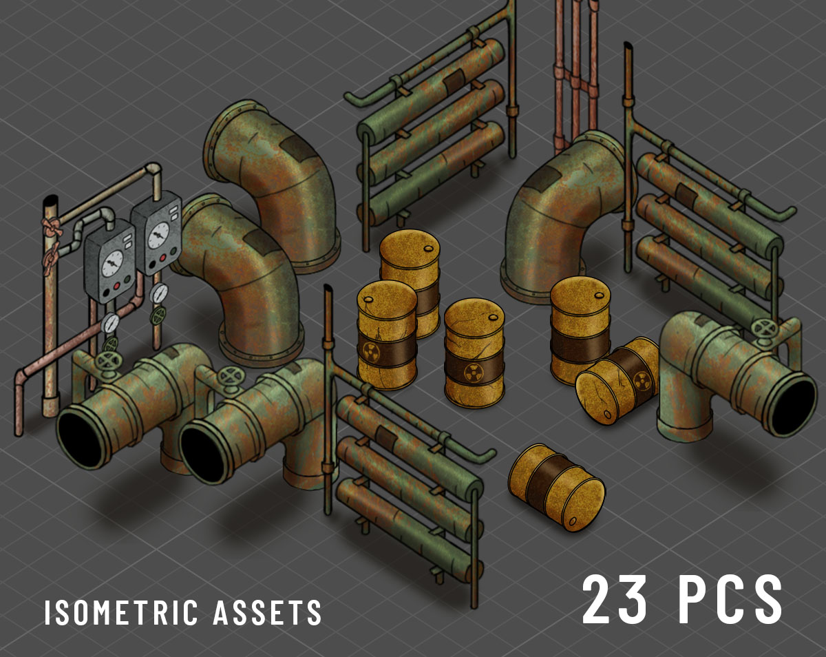 Isometric 2D Sprite Set - Pipes and Barrels