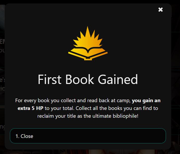 A pop up for getting the first book, telling you get 5hp per book collected