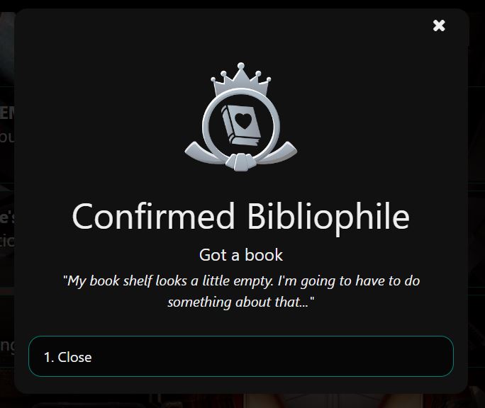 A popup for the achievement of being a bibliophile