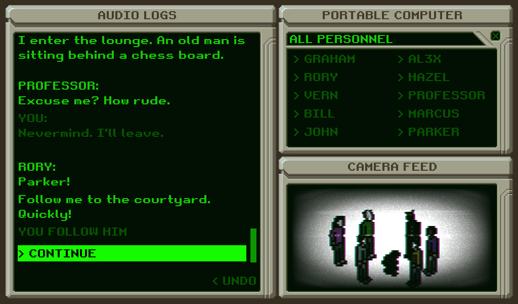 Screenshot of the game.  The left side of the screen is filled with dialogue.  The top right contains a list of crew members. The bottom right, labelled "Camera Feed", shows six people standing around a charred corpse.