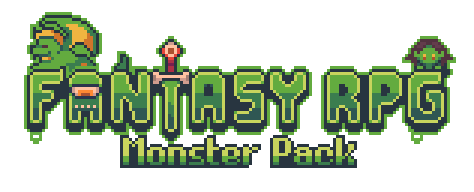 Pixel art logo with green monsters and sword, text reads 'FANTASY RPG Monster Pack'.