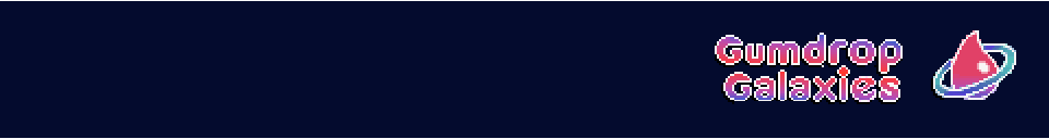 Gumdrop Galaxies Gumdrop Galaxies logo with stylized pink text and a red candy-shaped planet on a dark blue background