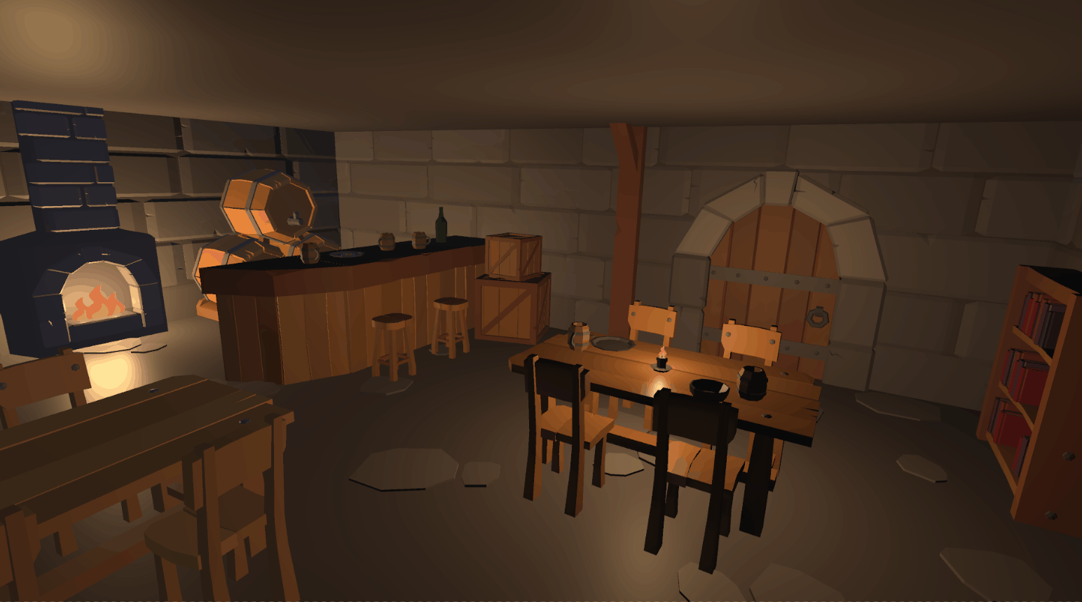 low poly medieval tavern interior