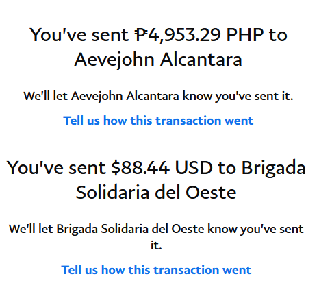 paypal transaction confirmation confirming that 4,953.29 Philippine Peso was sent to Aevejohn Alcantara (For our farmers PH) and $88.44 USD was sent to Brigada Solidaria del Oeste