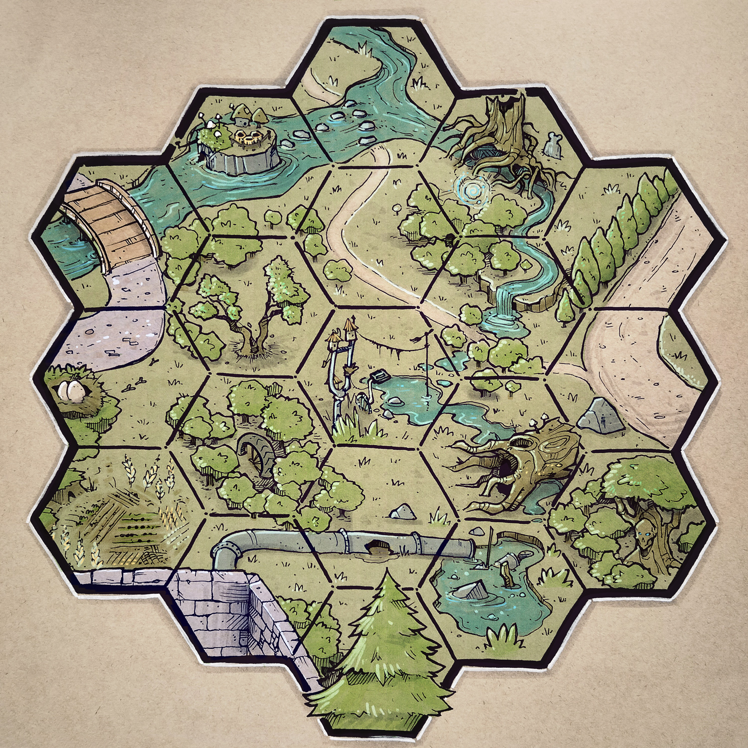 Map that Isaac Williams (creator of Mausritter) posted online using the  HEXCRAWL TOOLBOX by Games Omnivorous. The toolbox comes with 150 physical  tiles that you can use to create your own maps