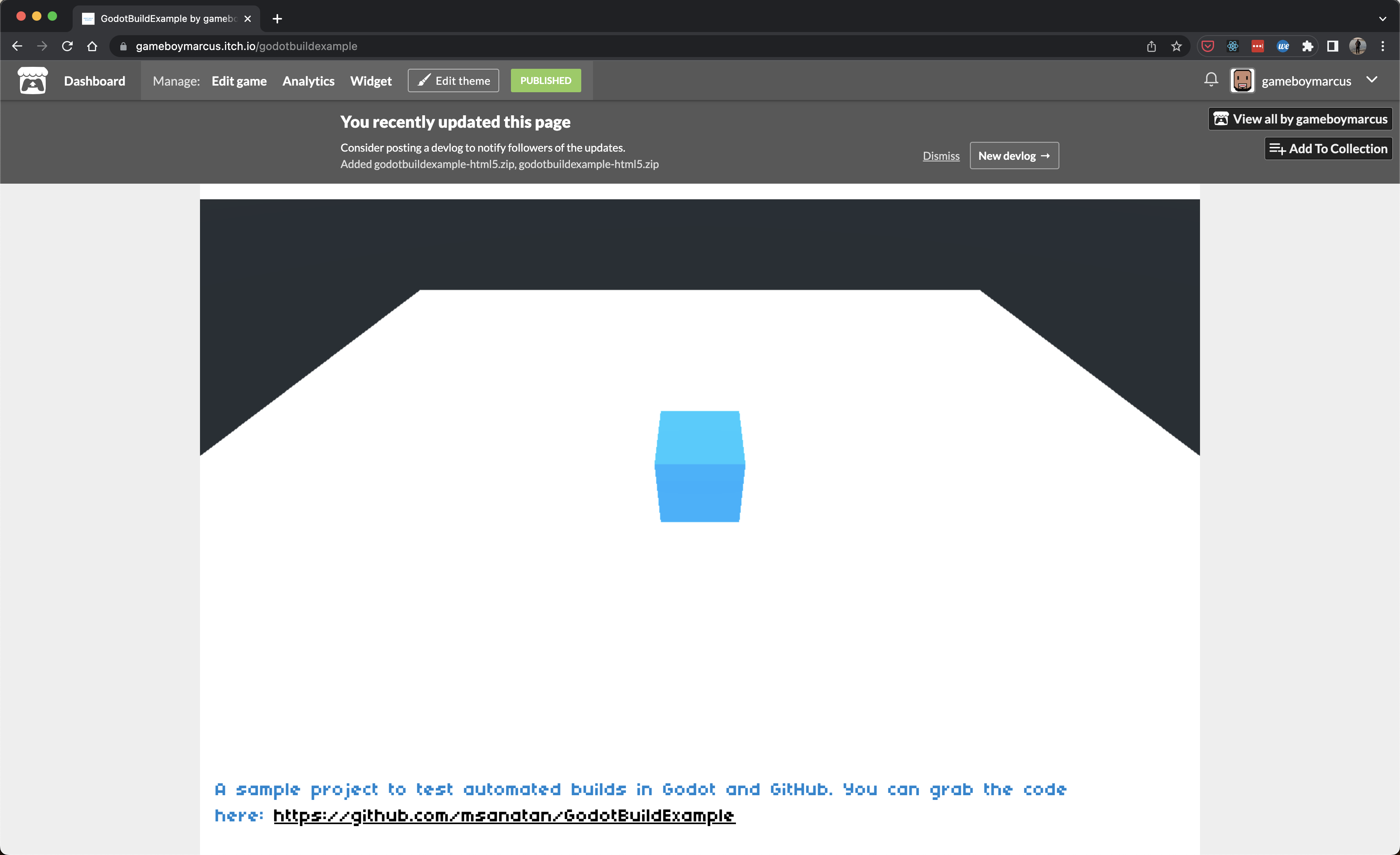 Screenshot of example Godot build project deployed on itch.io