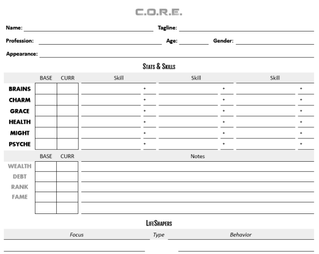 CORE PC Sheet by Tod Foley