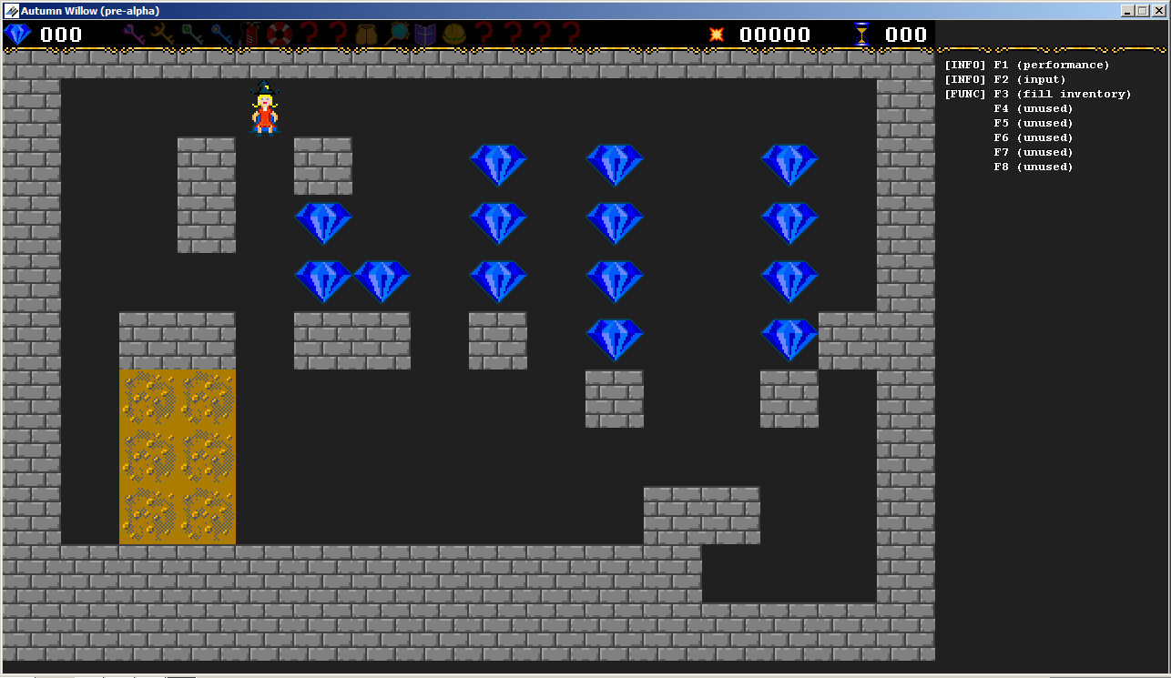 An earlier build of the game, with falling gems and removeable dirt tiles.