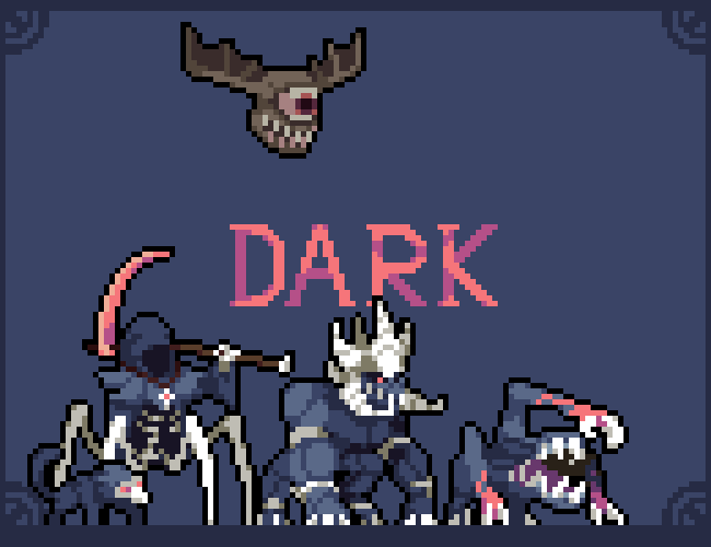 Pixel art of four dark fantasy monsters and a floating skull above the word 'DARK' in red letters on a blue background.
