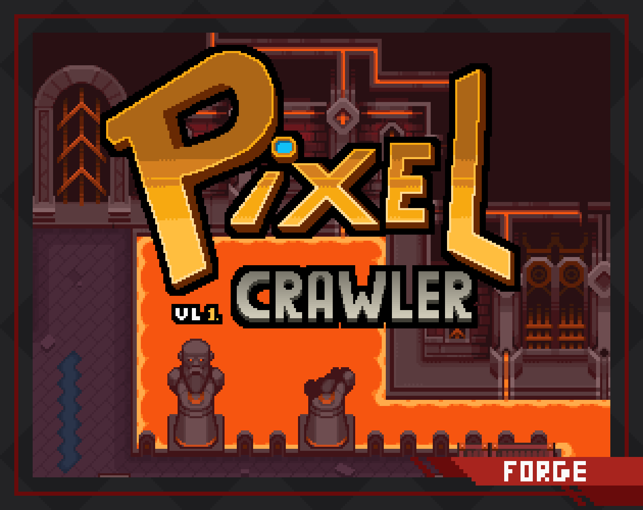 Pixel art cover showing a dungeon with lava, statues, and large text reading 'Pixel Crawler'.