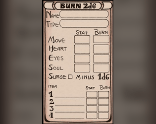 BURN 2d6 RPG - on a business card   - TTRPG rules and character sheet, on a business card. 