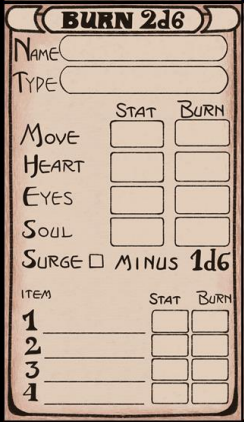Cover image for BURN 2d6 RPG - on a business card