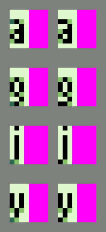 Comparison of 4 glyphs updated to have their strokes ending with black pixels.