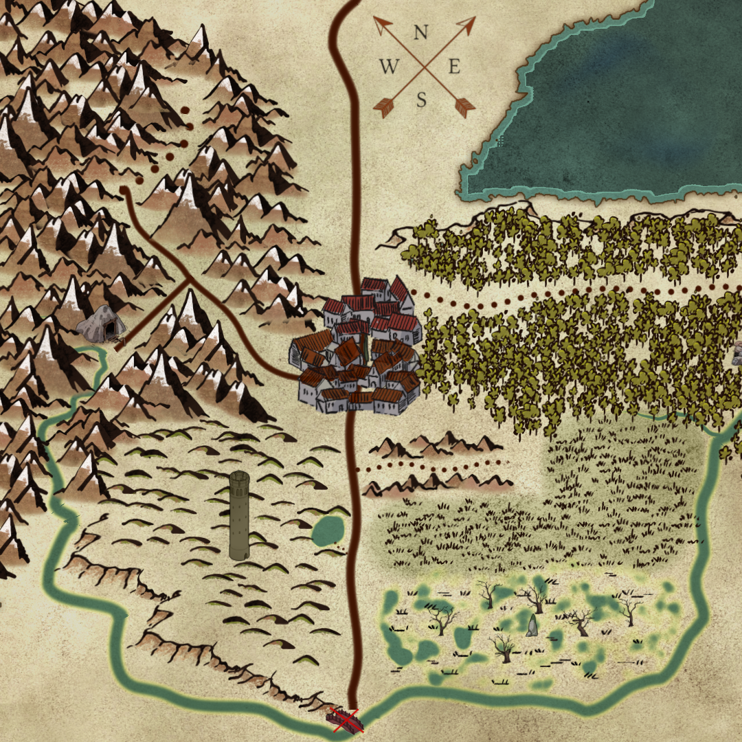 Map from Upheaval, showing the town in the center and the wilderness around it