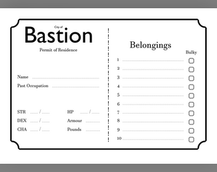 Electric Bastionland Permit of Residence   - Simple character sheet for Electric Bastionland 
