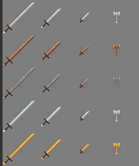 Different types of weapons.