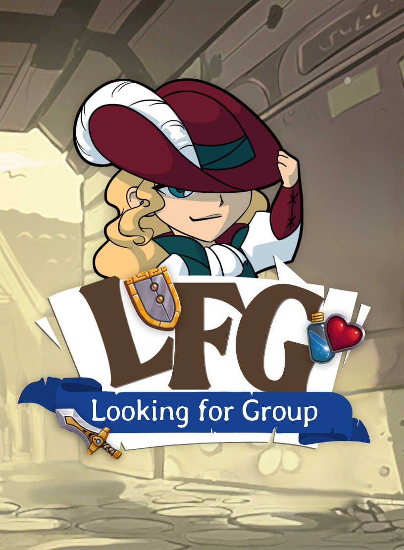 Cover for Invincible Ink's 'LFG: Looking For Group' game. Over a faded brown-toned background of a D&D-esque town, a chibi anime-styled bard tips her hat above an angular speech bubble containing cartoony logo text.