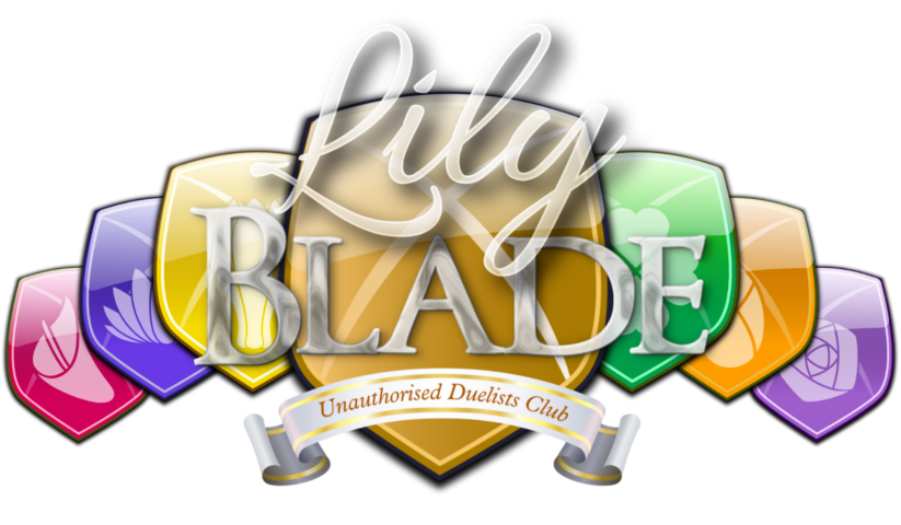 Logo for Invincible Ink's 'Lily × Blade' game. Seven shiny shields, in bright primary and secondary colours, each have a stylised flower logo. The text contrasts 'Lily', in flowing white script, with 'Blade' in metallic gold block letters.