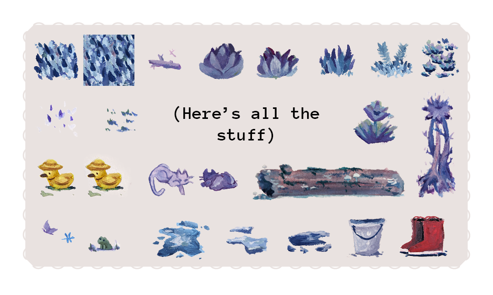 The pictures from the asset pack arranged in a frame. Text in the middle reads: here's all the stuff