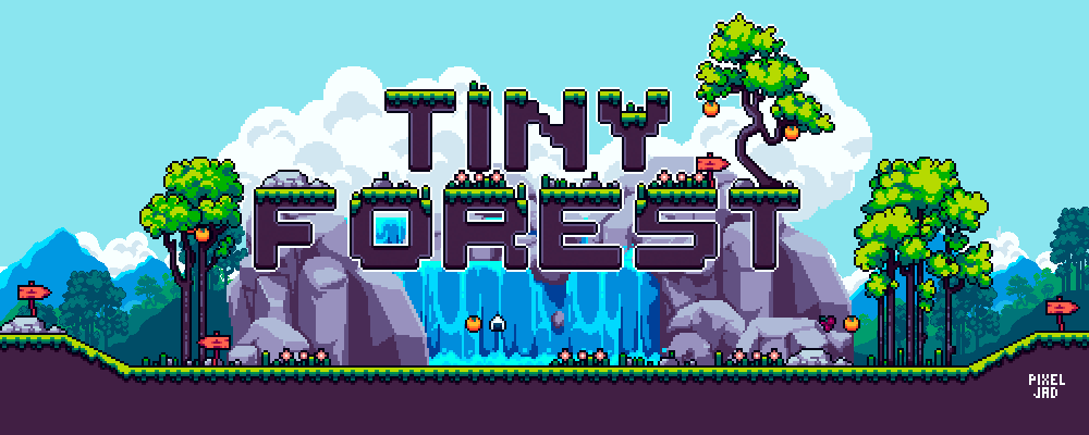 Pixel art banner with 'Tiny Forest' text, trees, rocks, a waterfall, and small red signs in a colorful landscape.