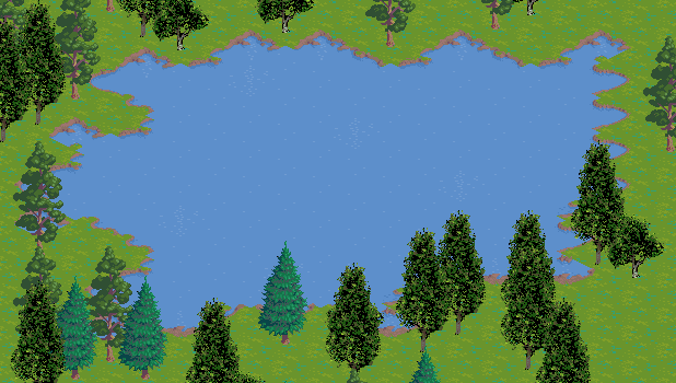 image of an isometric lake surrounded by trees