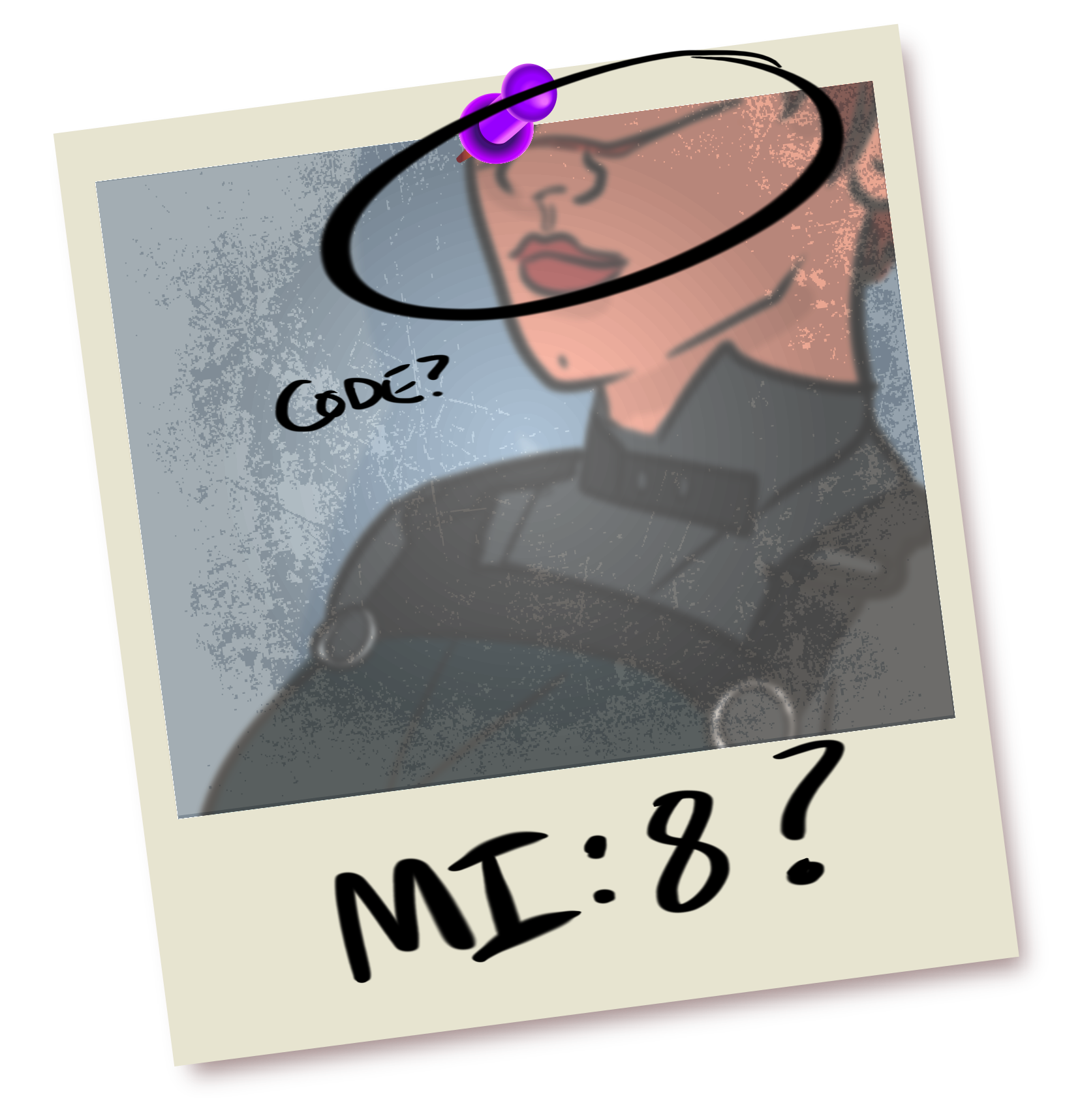 Illustration in the style of a Polaroid photo pinned to a wall. It shows a smirking woman in body armour and a bulletproof vest, poorly framed so the top of her face is out of the shot. Scribbled on the polaroid are the words 'MI:8?', and a scar across the woman's nose is circled and labelled 'code?'.