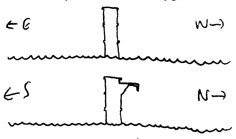 Outline drawings of a tower emerging from the sea, with a boom or crane arm on one side.