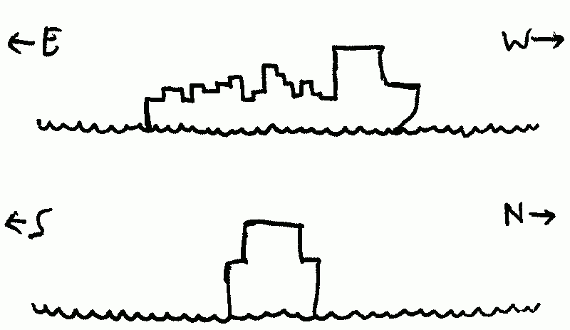 Outline drawings of a container ship with haphazard towers of containers, facing West.