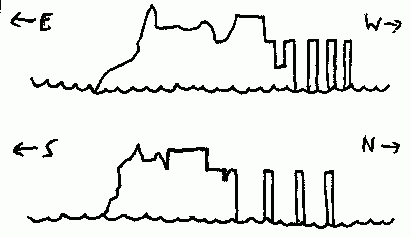 Outline drawings of a tiny jagged island with a scrap of land on the Southeast and pillars—maybe for a broken-down pier—disappearing off the Northwest side.
