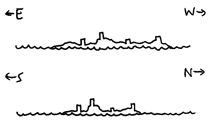 Outline drawings of a low and rough, but wide, island dotted with four blocky pillars.