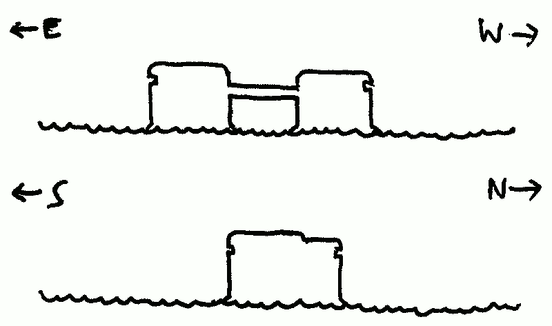 Outline drawings of a stubby 2-tower seafort with a bridge between them; one tower faces East and another, very slightly shorter tower faces West.