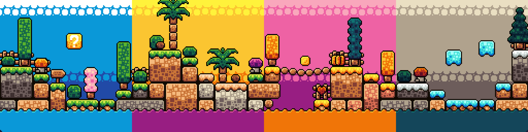 Pixel art platformer tileset with four seasonal themes: spring, summer, autumn, and winter, divided by color.