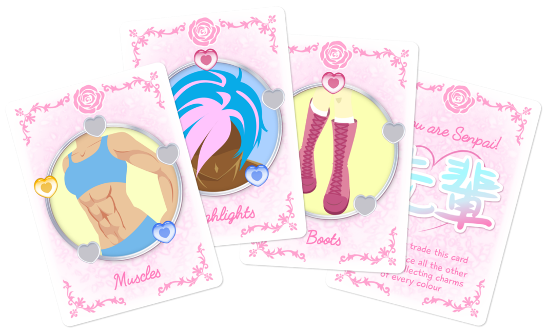 A mock-up of four Senpai Notice Me! game cards. Three show costume/character elements (muscles, highlights, and boots) surrounded by heart icons to indicate their style. The fourth shows the Senpai card.