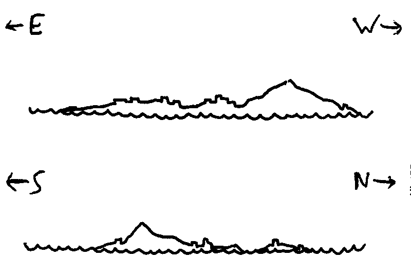 Ink sketches of an island; a long, flat island with several towns and a broad mountain to the Southwest. Another, smaller, low-lying island with its own settlement sits to the North, largely hidden by the silhouette of the major island.