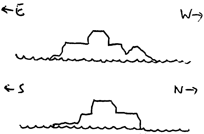 Ink sketches of an island; small, blocky, with a squat building on top and jagged edges.