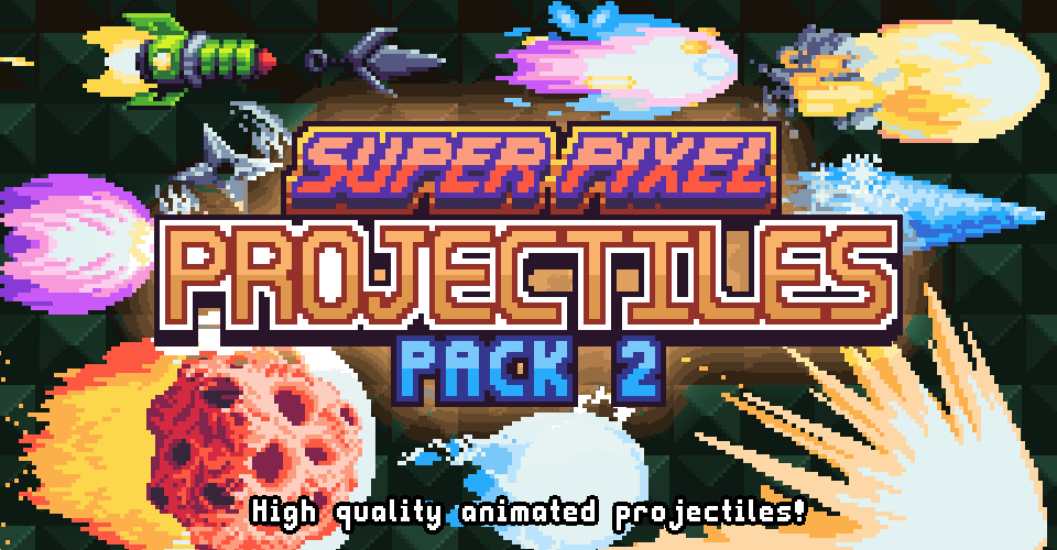 Pixel art banner with colorful animated projectiles and the text 'Super Pixel Projectiles Pack 2'.